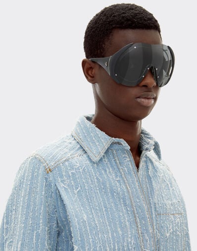 Ferrari Sunglasses in metal and black leather with dark grey shield Ingrid LA01Mf
