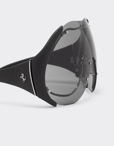 Ferrari Sunglasses in metal and black leather with dark grey shield Ingrid LA01Mf
