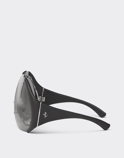 Ferrari Sunglasses in metal and black leather with dark grey shield Ingrid LA01Mf