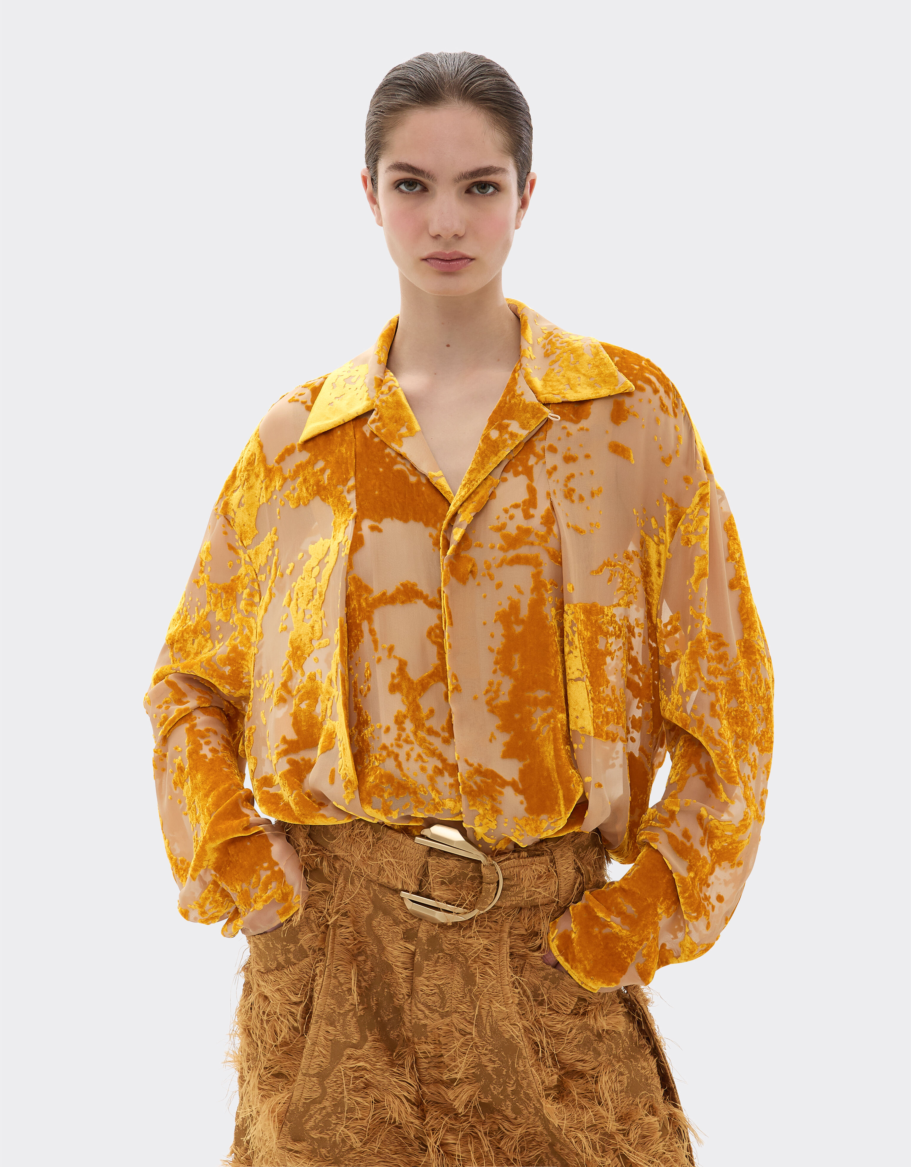 Ferrari Silk velvet shirt with dévoré print Gold 50313f