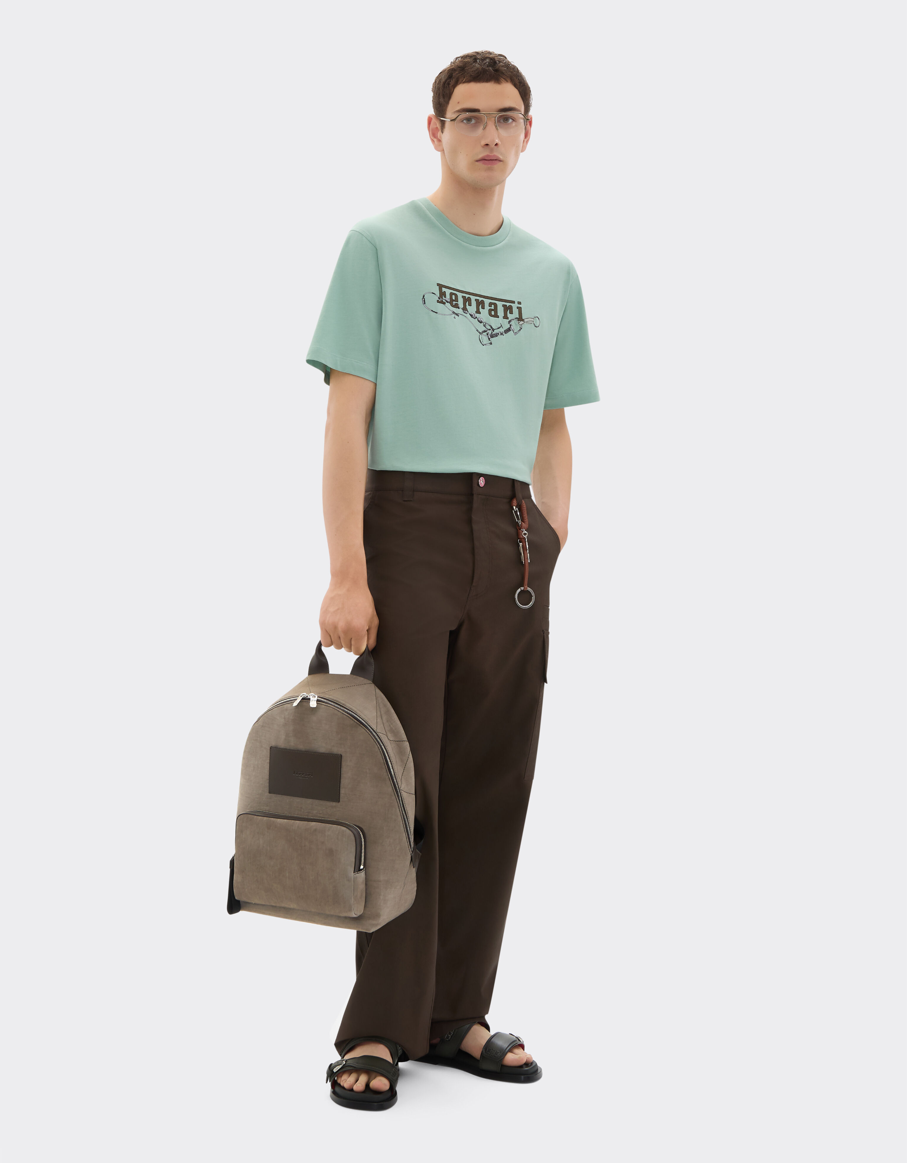 Ferrari 尼龙和皮革双肩包 Khaki Green 50166f