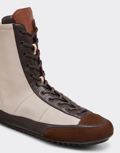 Ferrari Nappa leather, suede and stretch fabric high-top driver sneaker Beige 22735f
