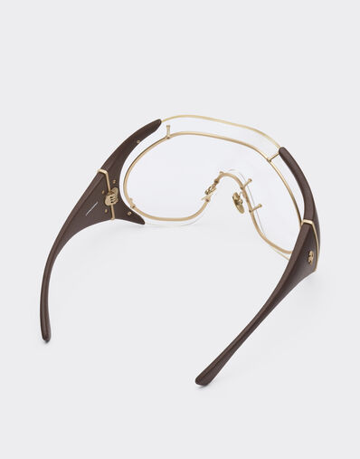 Ferrari Sunglasses in gold-tone metal and brown leather with transparent shield Beige LA01Nf