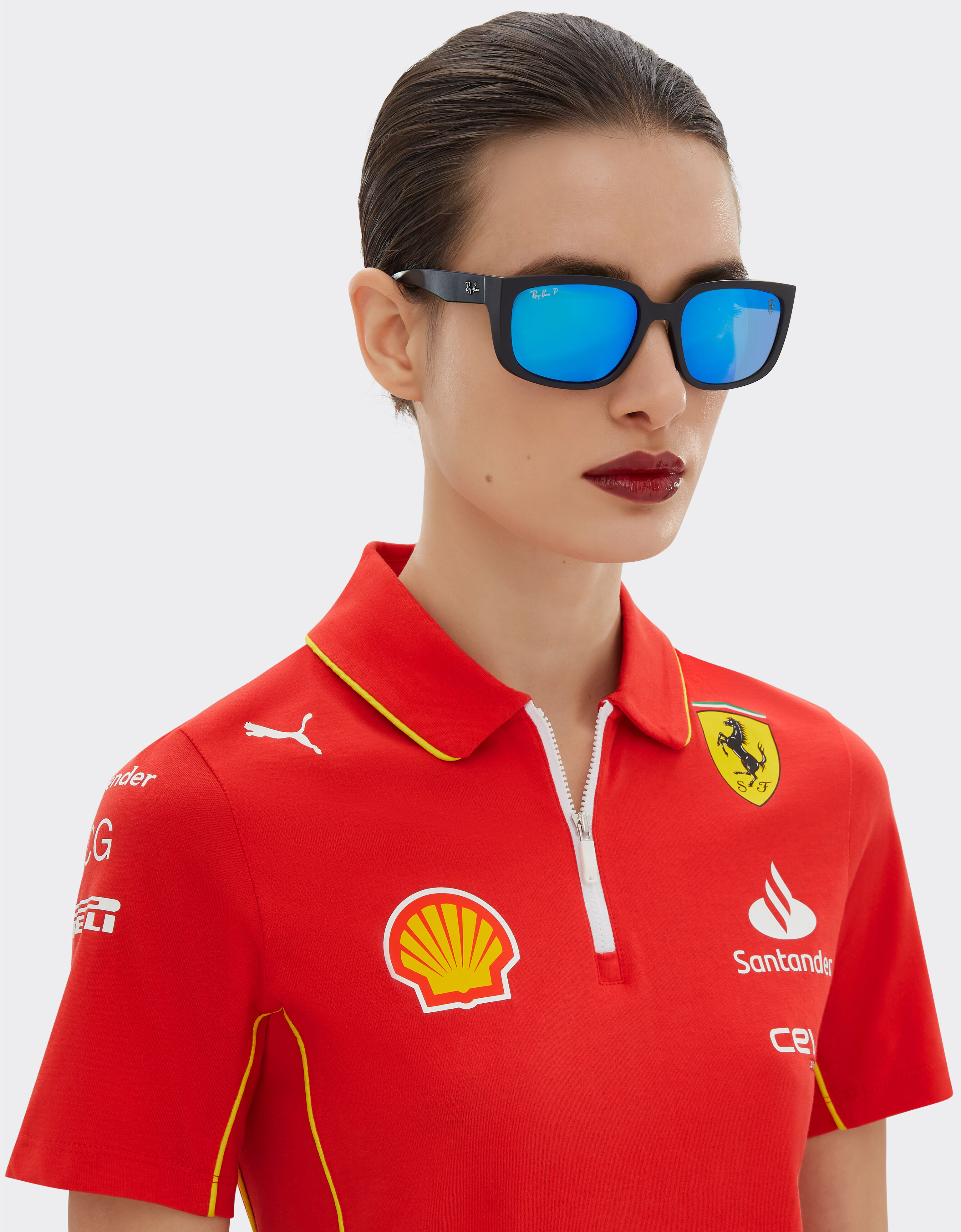 Ferrari 雷朋与法拉利车队合作款 RB4443M 偏光蓝色镜面绿色镜片黑色 PEEK 太阳镜 哑光黑色 F1517f
