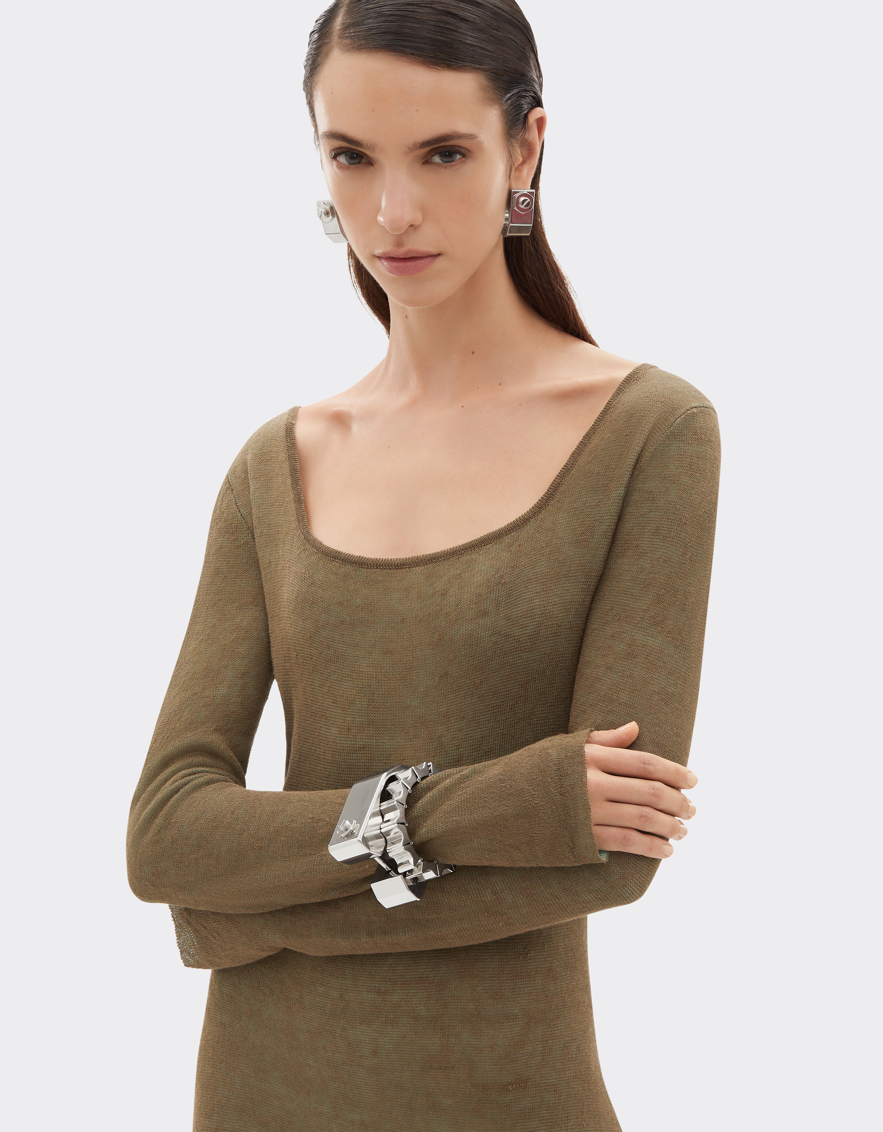 Ferrari 长款亚麻、羊绒和真丝连衣裙 Khaki Green 50342f