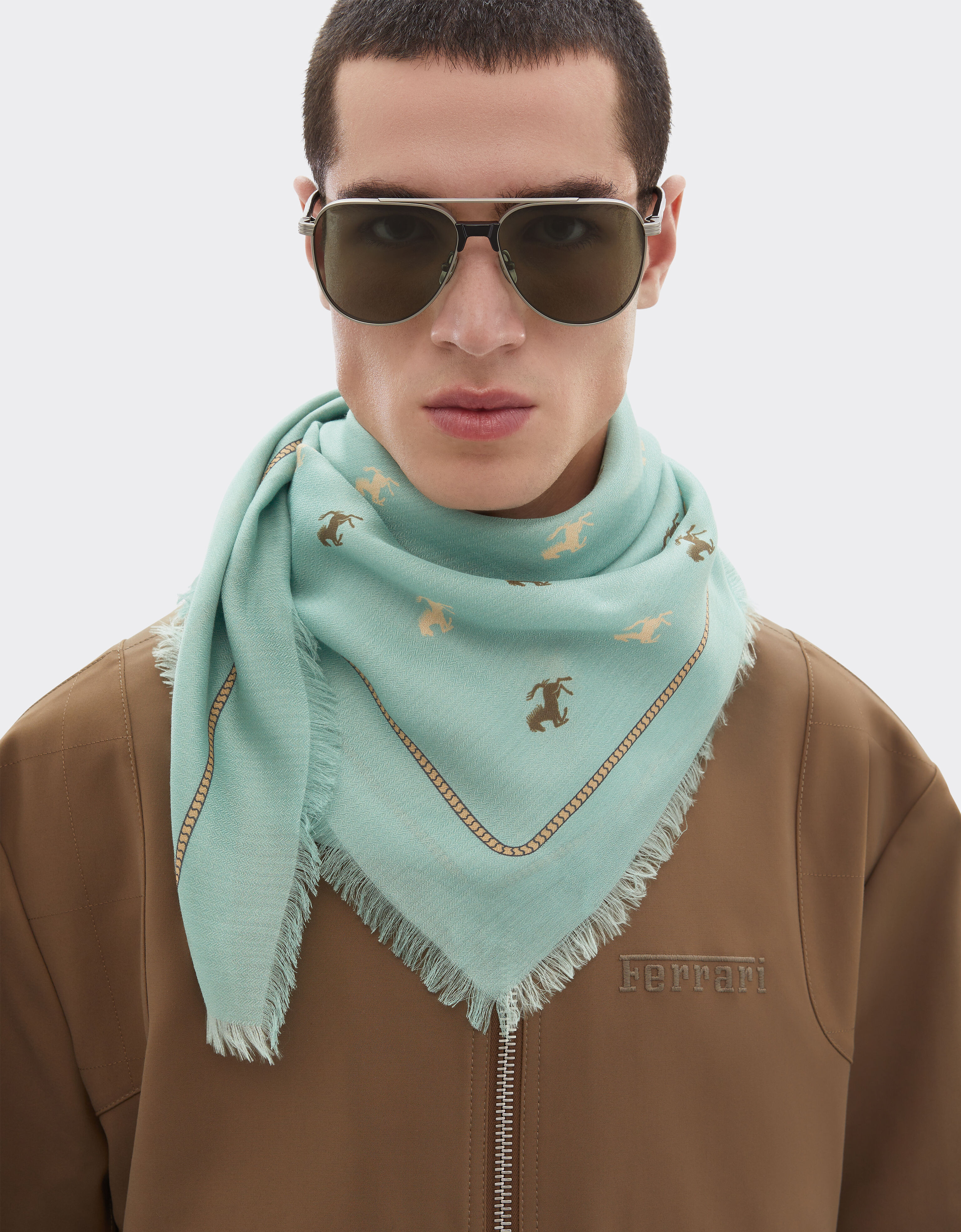 Ferrari 丝棉混纺斜纹方巾 Granite Green 50361f