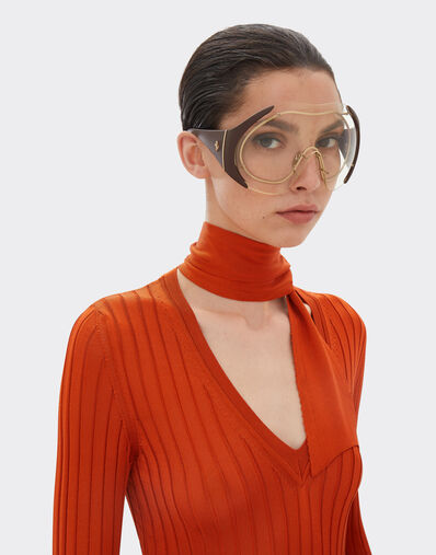 Ferrari Sunglasses in gold-tone metal and brown leather with transparent shield Beige LA01Nf