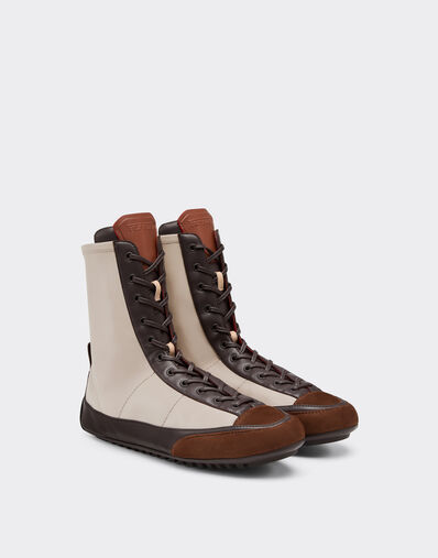 Ferrari Nappa leather, suede and stretch fabric high-top driver sneaker Beige 22735f