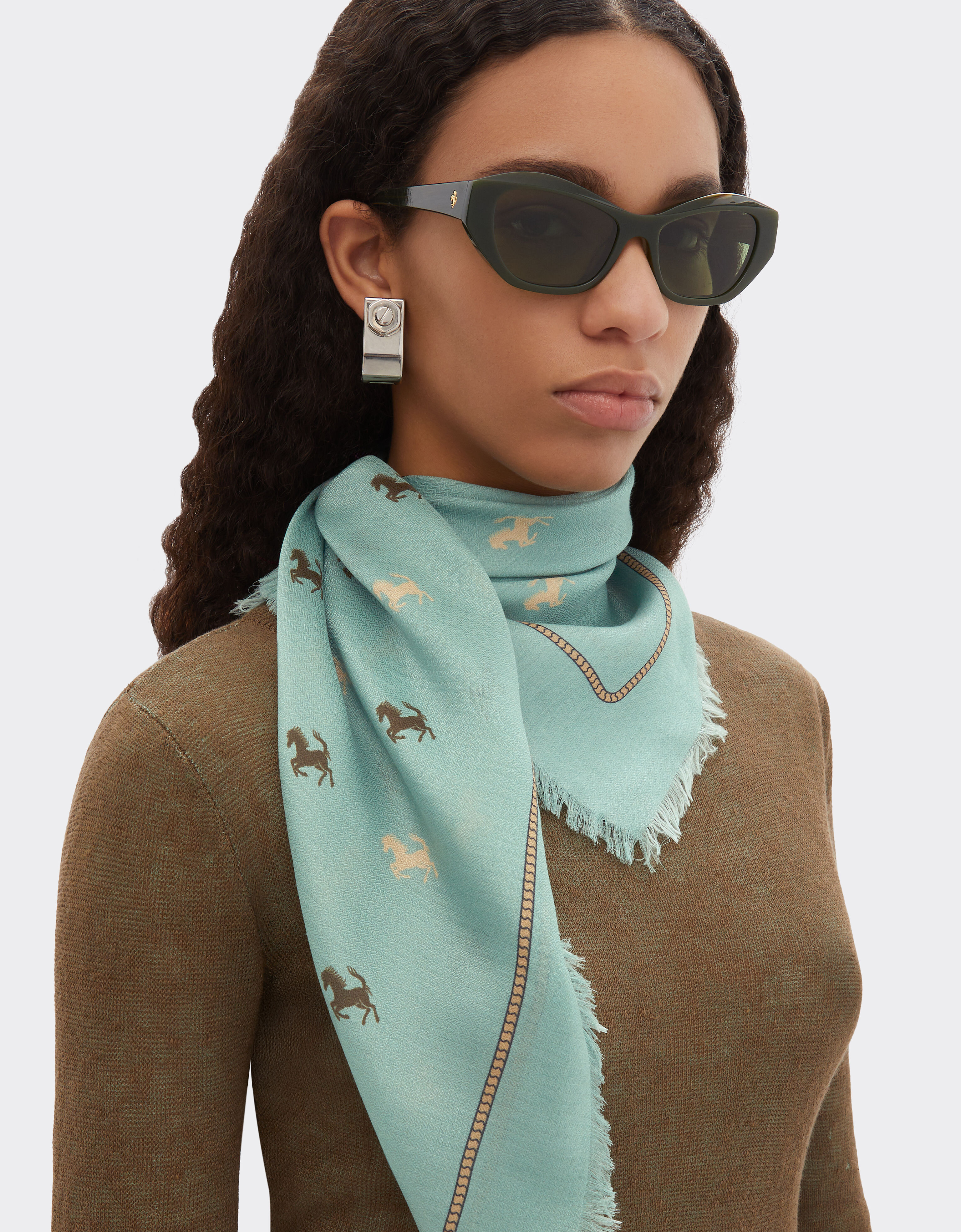 Ferrari 丝棉混纺斜纹方巾 Granite Green 50361f